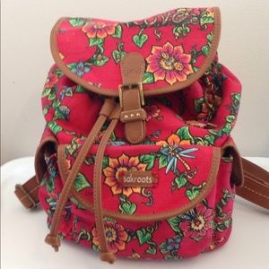 Sakroots backpack red background with flowers